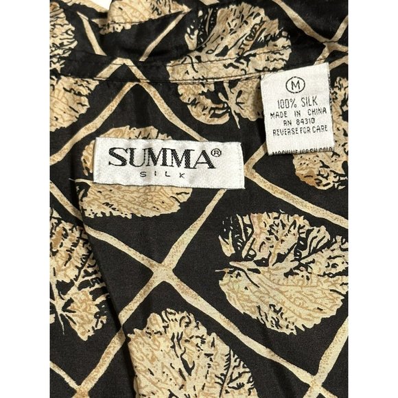 Vintage Summa 100% Silk Black Gold Button Up Casual Shirt Diamond Leaf Pattern M - Picture 2 of 6